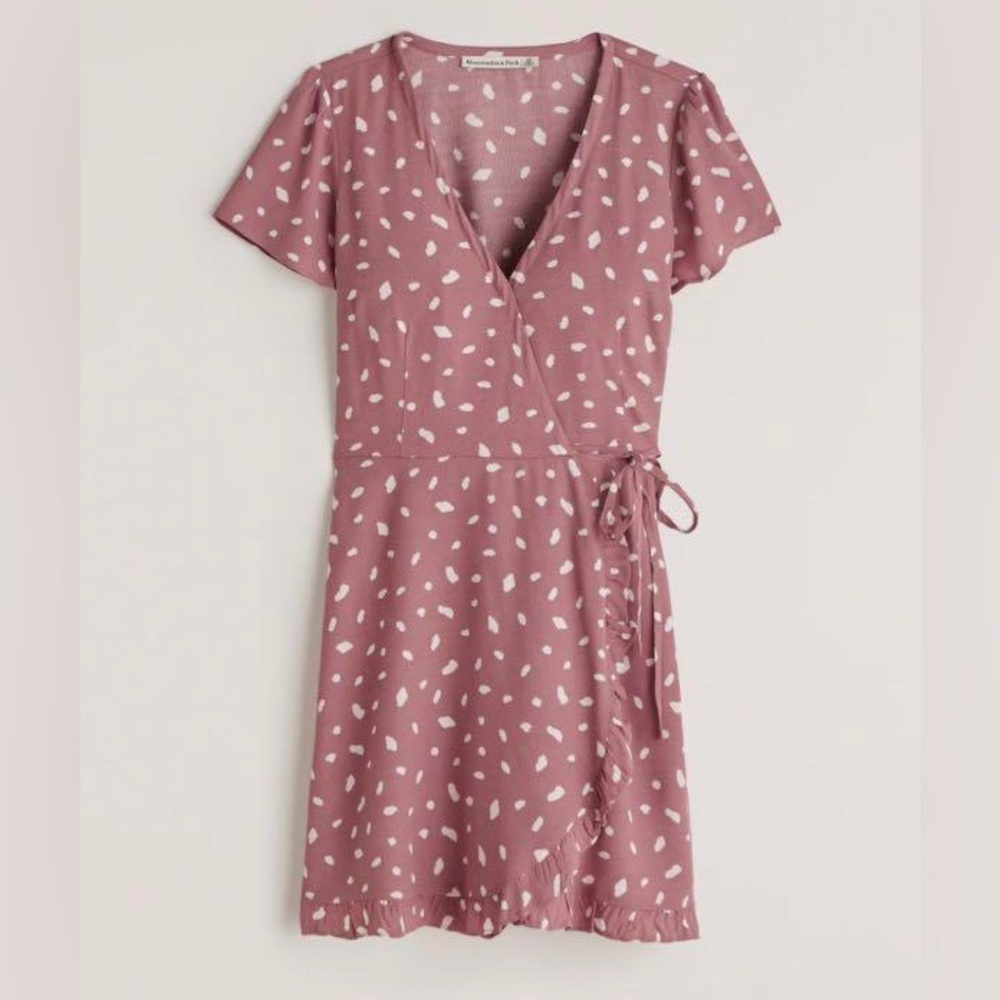 ABERCROMBIE & FITCH DUSTY PINK POLKA DOT RUFFLE HEM PETITE WRAP DRESS